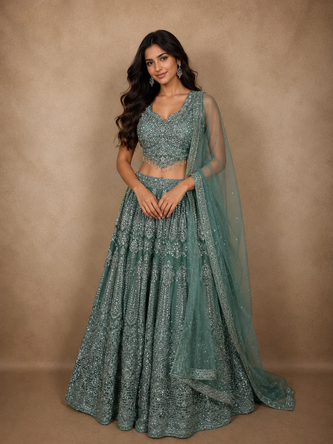 Deep Teal Emerald Green Zari Embroidered and Stone Embellished Design Net Lehenga With Net Dupatta